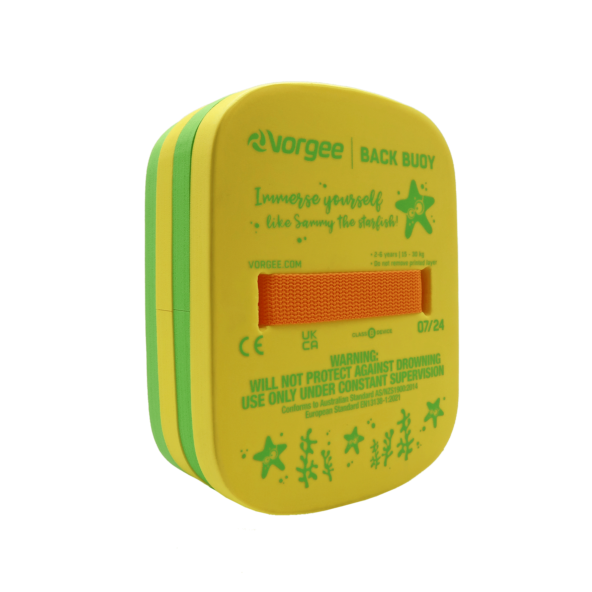 4 Layer Back Float Buoy alternating colours of green and yellow with a bright orange durable and adjustable belt 