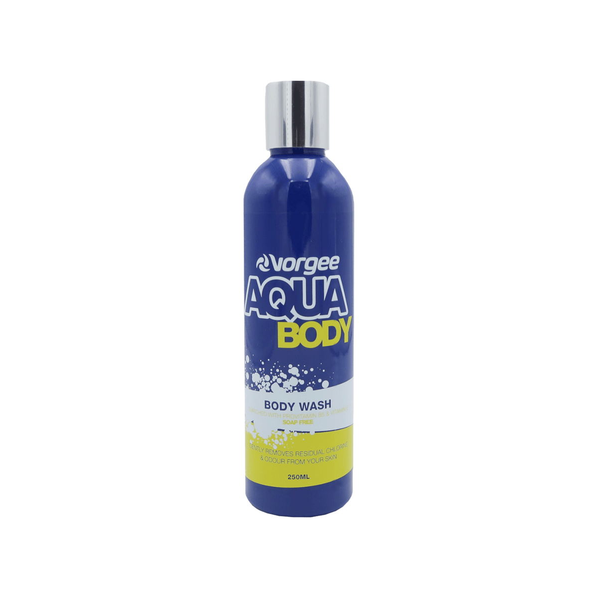 Aqua Body Wash in 250ml navy bottle with silver cap, vorgee logo and product name 