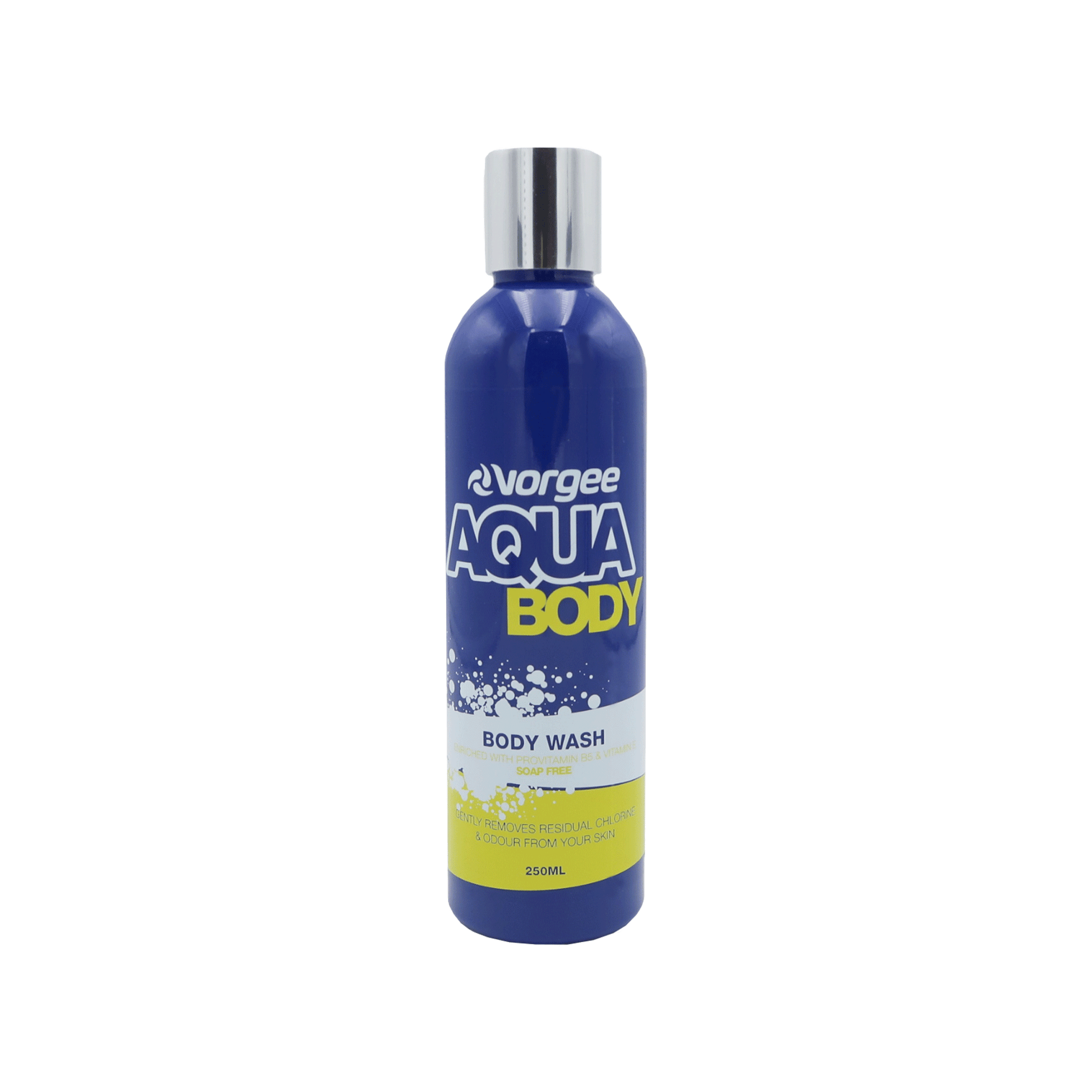 Aqua Body Wash in 250ml navy bottle with silver cap, vorgee logo and product name 