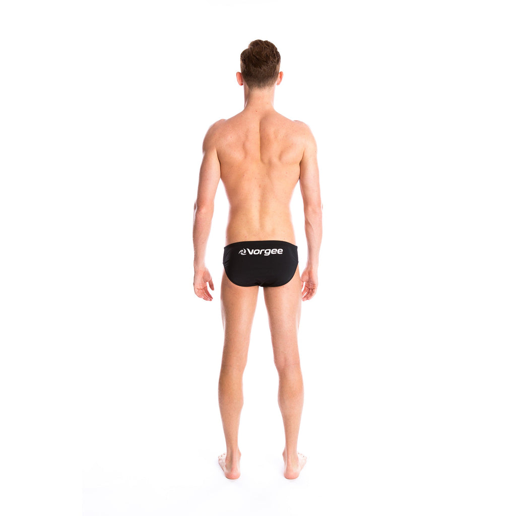 mens swimwear brief with drawcord tie and large vorgee logo on bottom in black