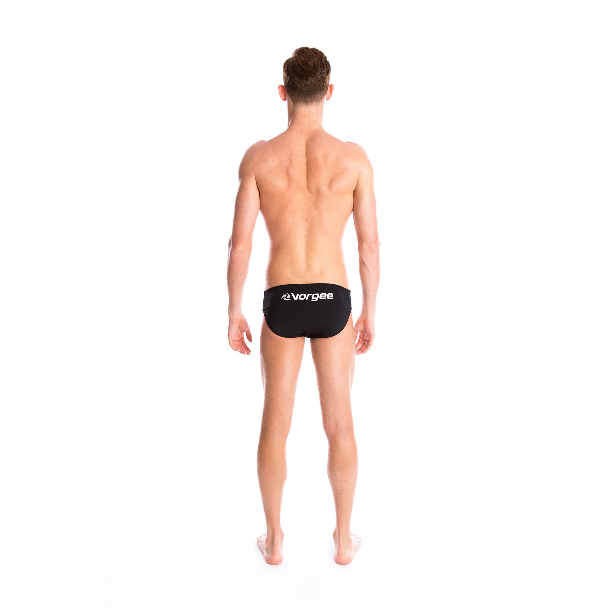 mens swimwear brief with drawcord tie and large vorgee logo on bottom in black