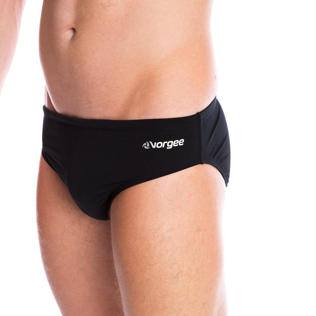 mens swimwear brief with drawcord tie and large vorgee logo on bottom in black