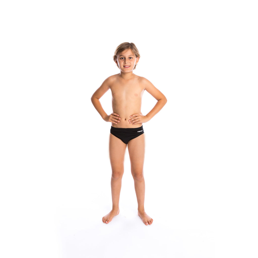 boys swimwear brief with drawcord tie and large vorgee logo on bottom in black
