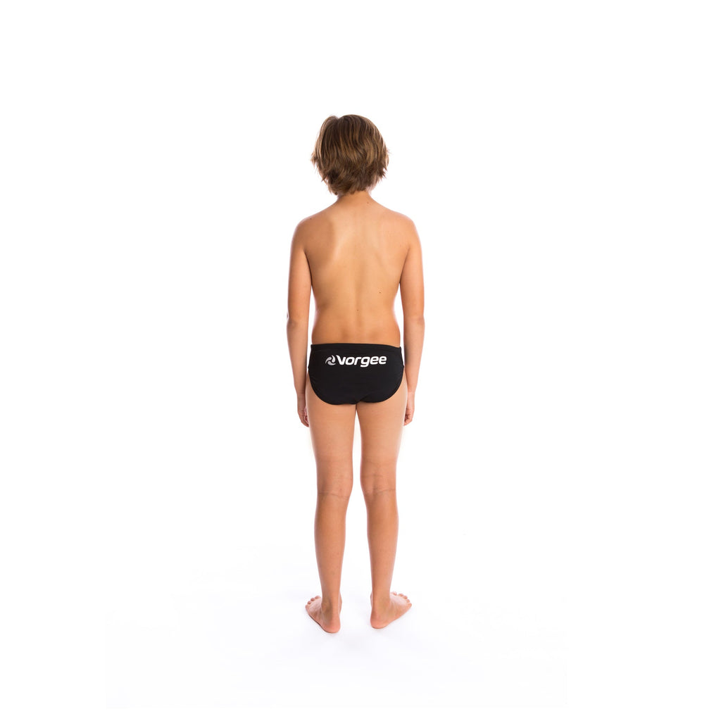 boys swimwear brief with drawcord tie and large vorgee logo on bottom in black