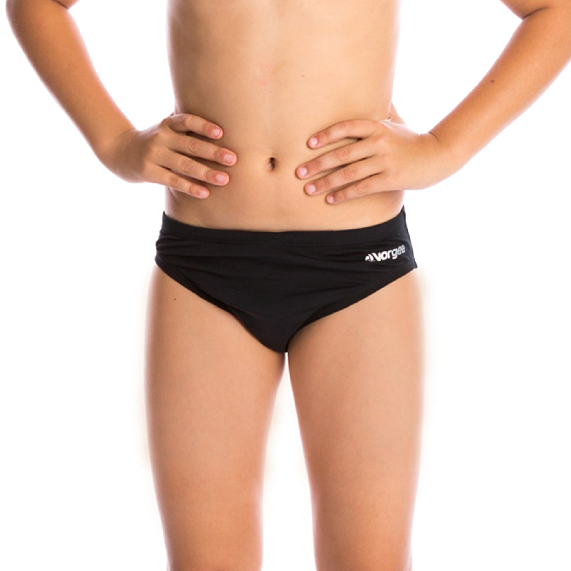 boys swimwear brief with drawcord tie and large vorgee logo on bottom in black