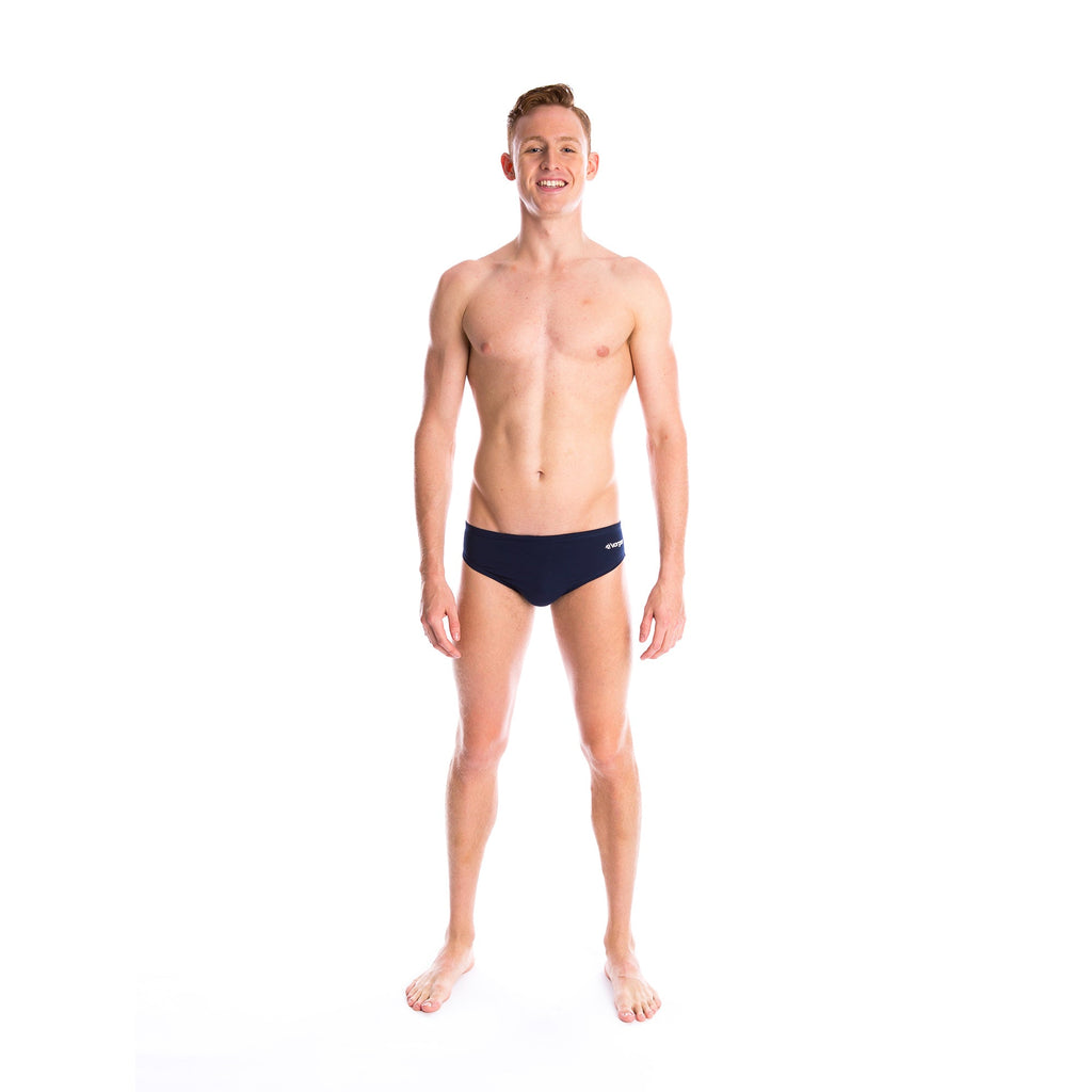 mens swimwear brief with drawcord tie and large vorgee logo on bottom in navy