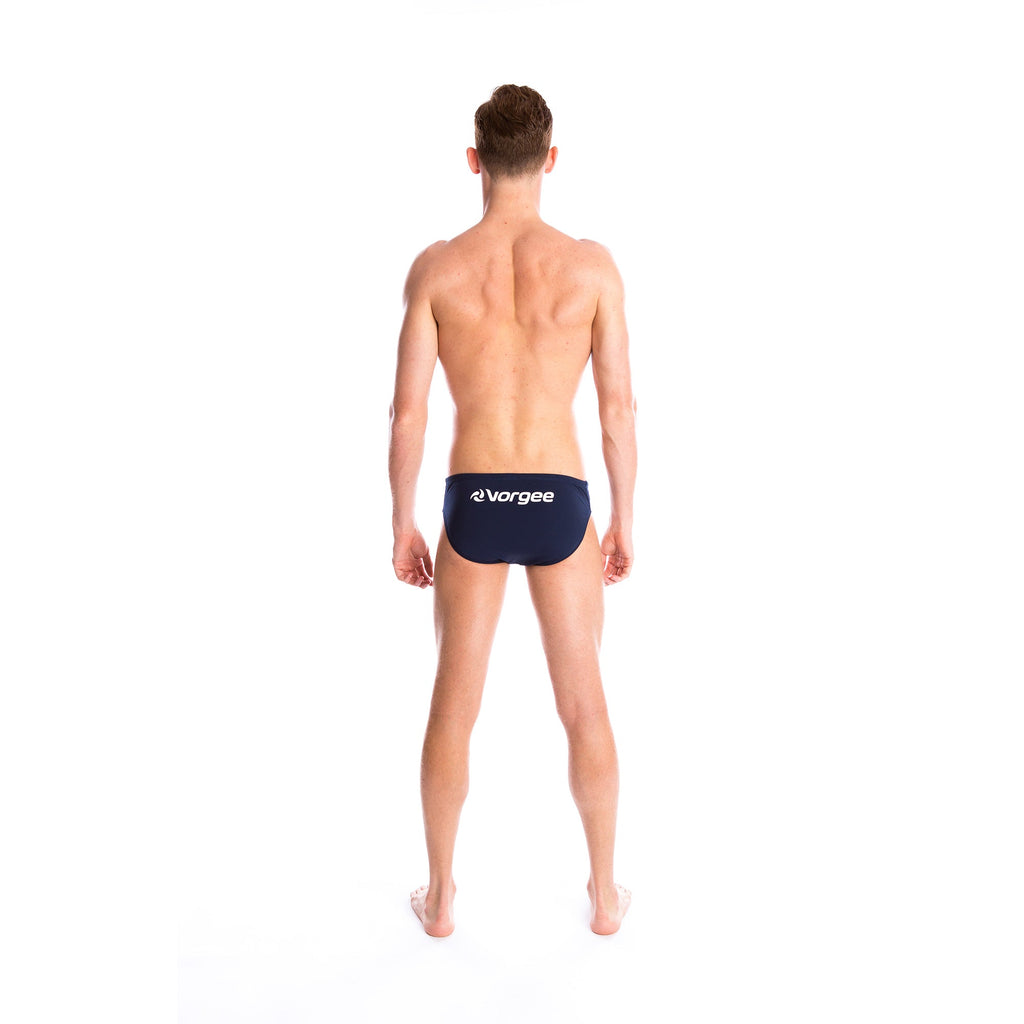 mens swimwear brief with drawcord tie and large vorgee logo on bottom in navy