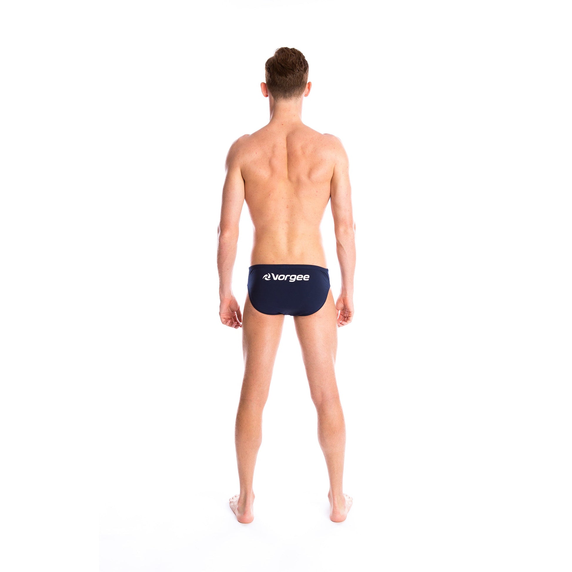 mens swimwear brief with drawcord tie and large vorgee logo on bottom in navy