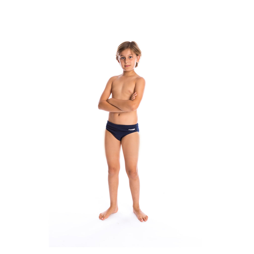 boys swimwear brief with drawcord tie and large vorgee logo on bottom in navy