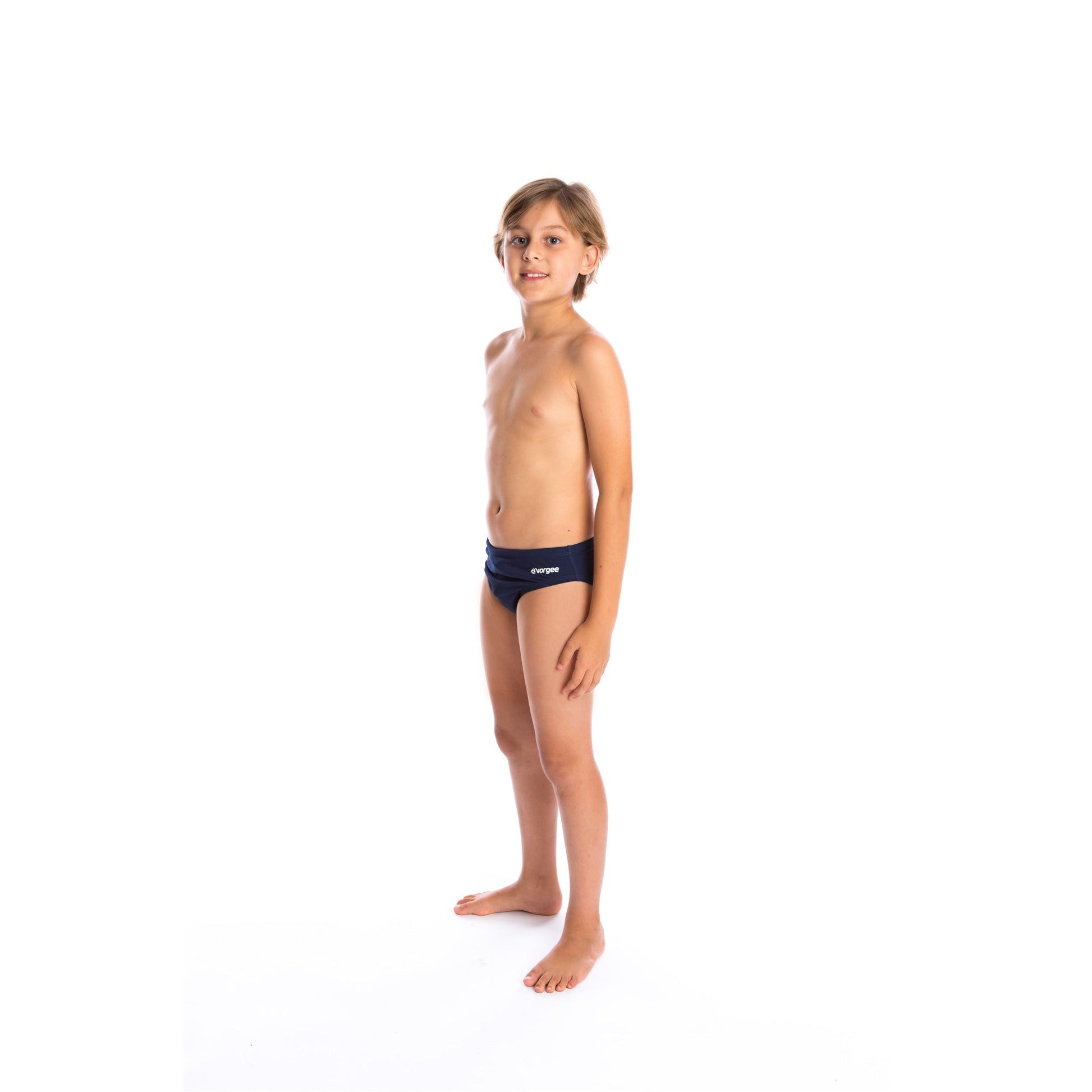 boys swimwear brief with drawcord tie and large vorgee logo on bottom in navy
