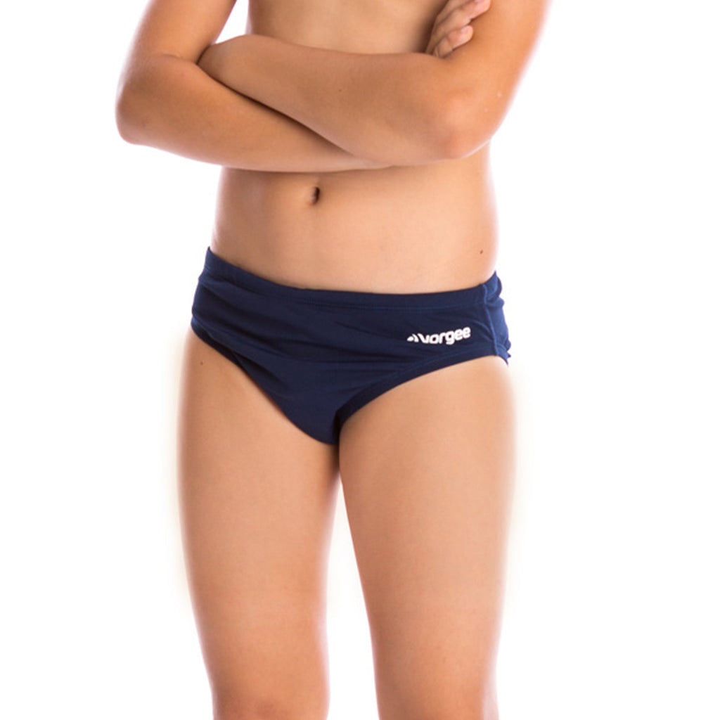 boys swimwear brief with drawcord tie and large vorgee logo on bottom in navy