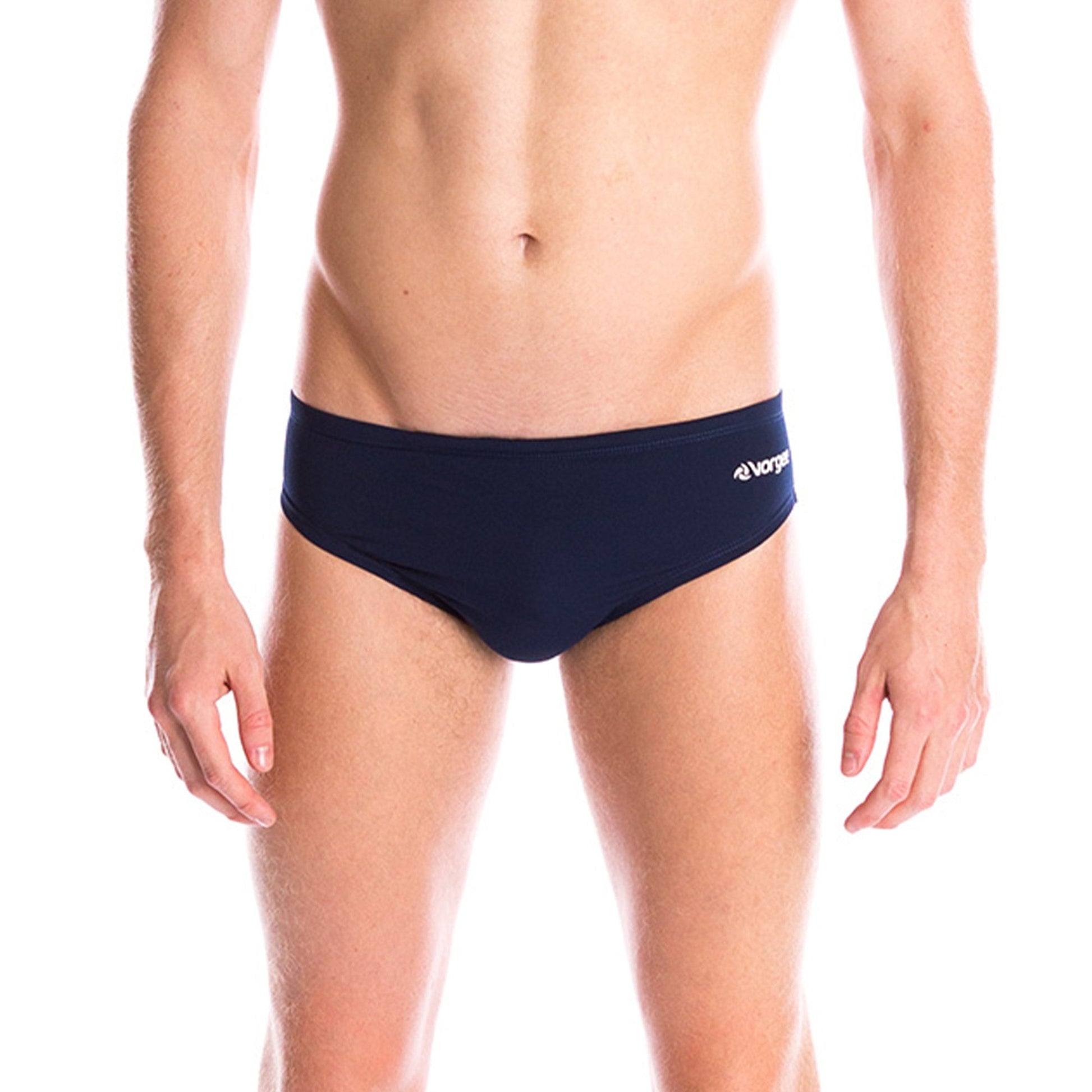 mens swimwear brief with drawcord tie and large vorgee logo on bottom in navy