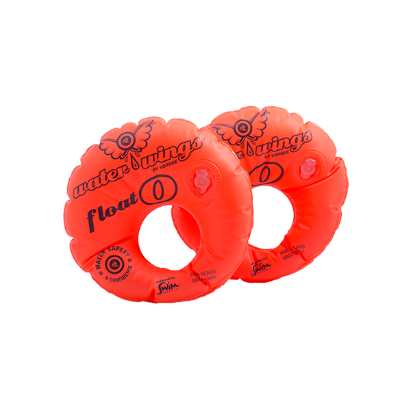 Pair of inflated Float O Arm Bands - classic ring style in bright orange with navy text 