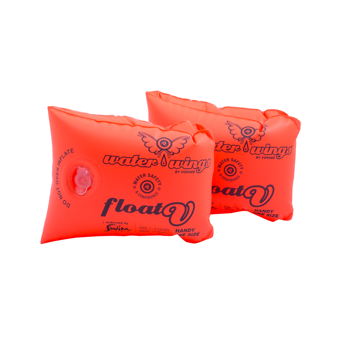 Pair of inflated Float V Arm Bands in bright orange with navy text 