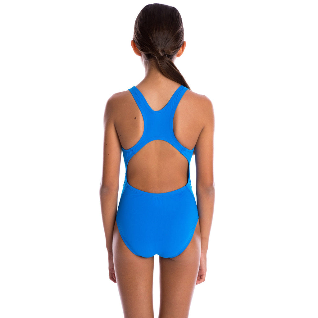 one piece girls swimwear with scoop front, thick straps and action back in bright blue with vorgee logo at chest