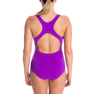 one piece women's swimwear with scoop front, thick straps and action back in purple with vorgee logo at chest