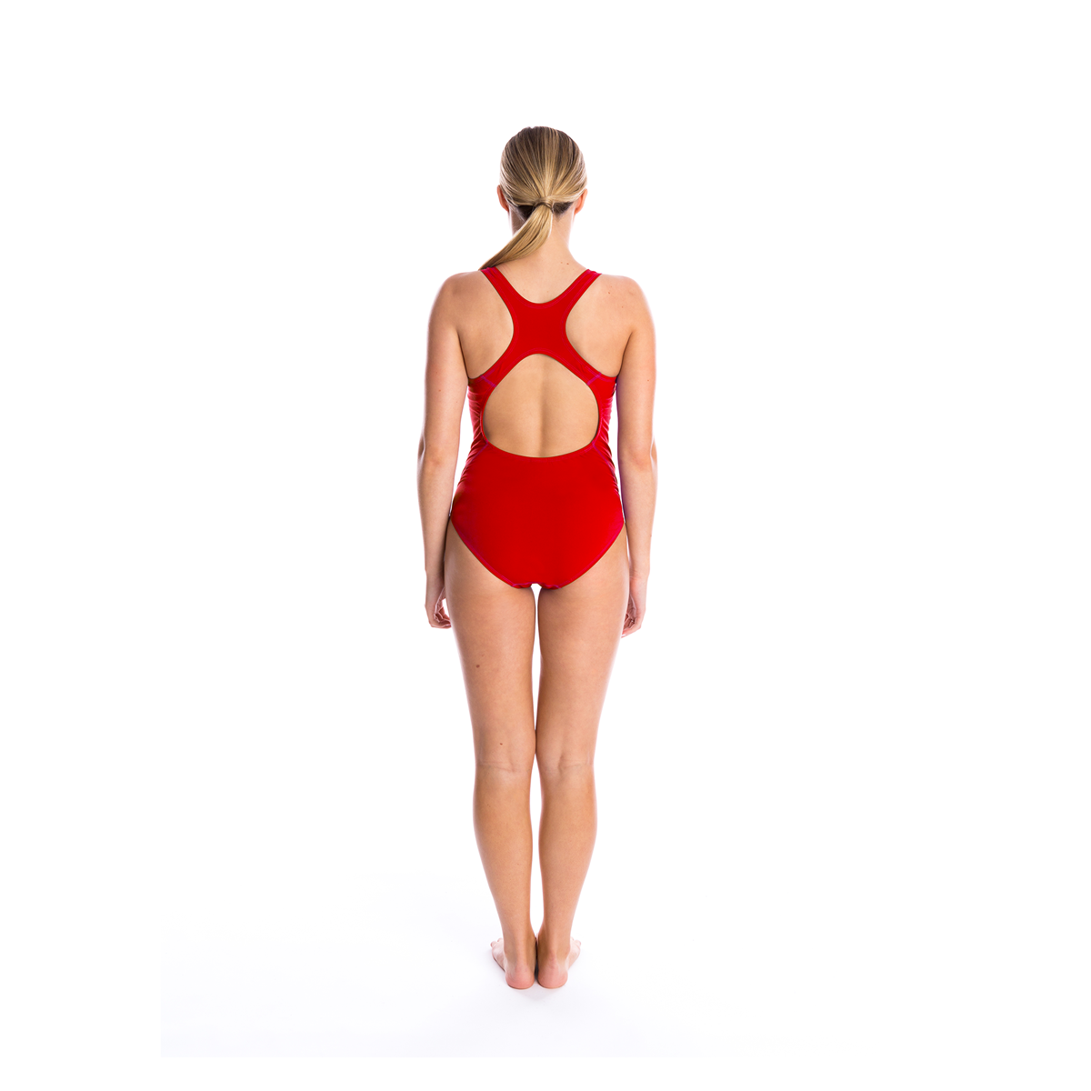 one piece women's swimwear with scoop front, thick straps and action back in red with vorgee logo at chest