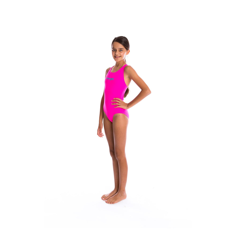 one piece girls swimwear with scoop front, thick straps and action back in bright pink with vorgee logo at chest