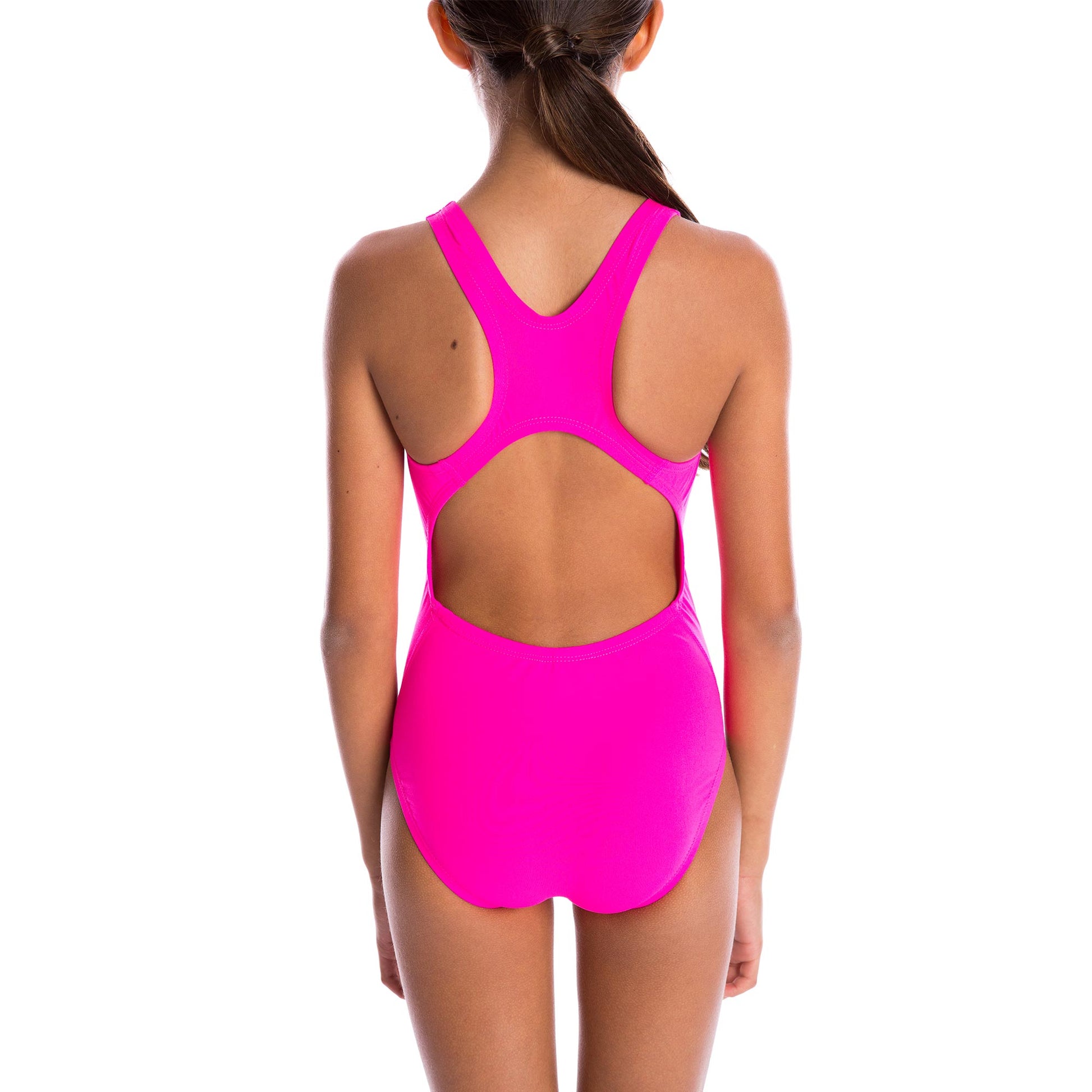 one piece girls swimwear with scoop front, thick straps and action back in bright pink with vorgee logo at chest