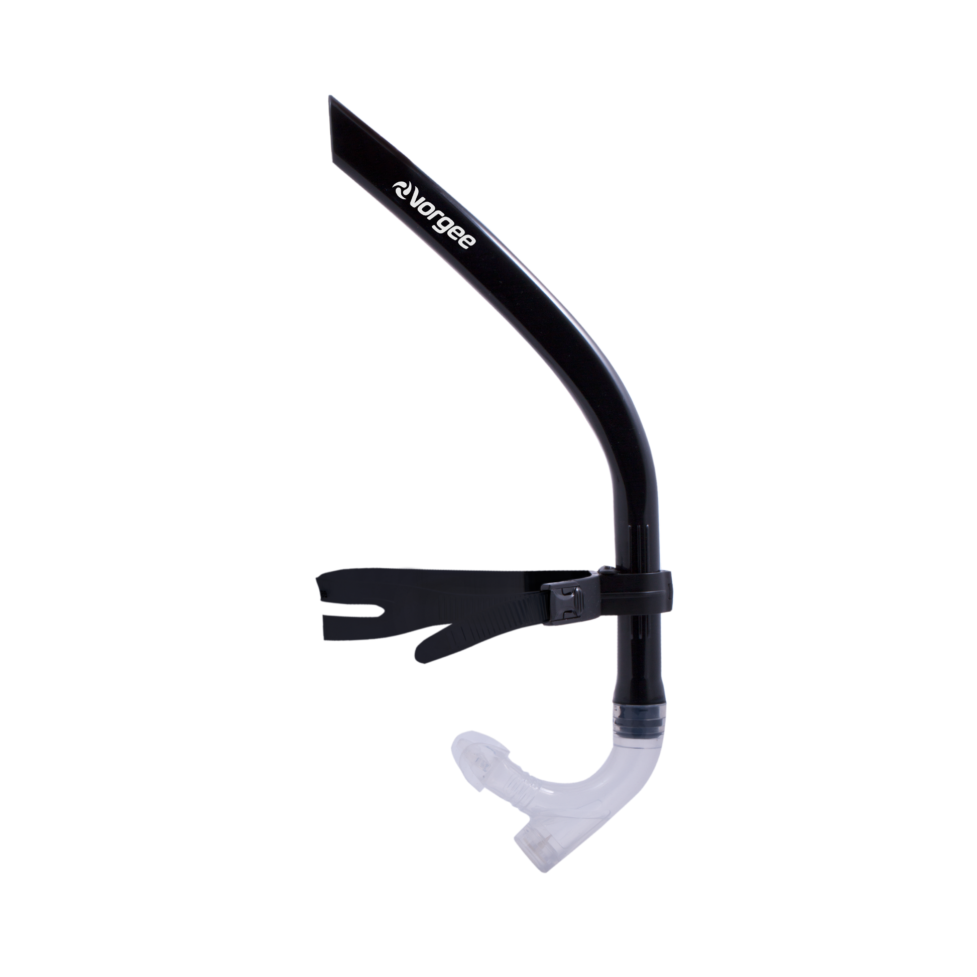 Front End Swimmer's Snorkel with black frame and strap, and clear mouthpiece