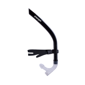 Front End Swimmer's Snorkel with black frame and strap, and clear mouthpiece
