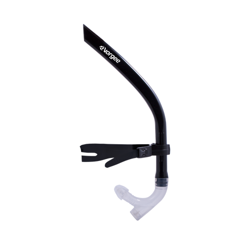 Front End Swimmer's Snorkel with black frame and strap, and clear mouthpiece