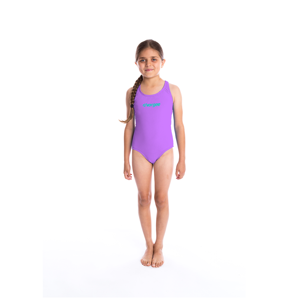 one piece girls swimwear with scoop front, thick straps and action back in lilac with vorgee logo at chest