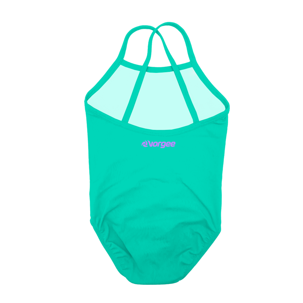 one piece girls swimwear with high front and back, with thin cross over straps in mint green