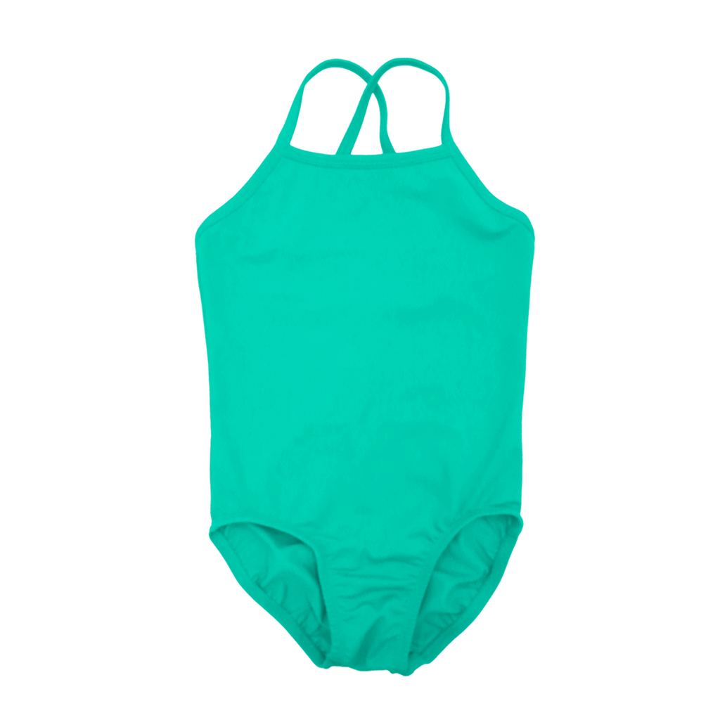 one piece girls swimwear with high front and back, with thin cross over straps in mint green