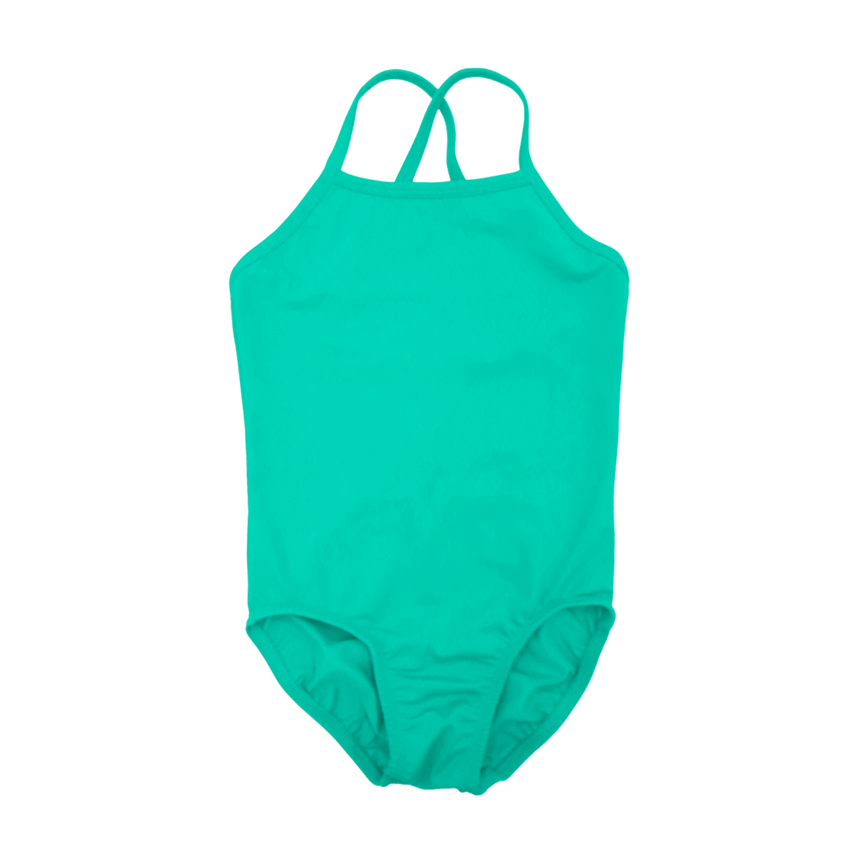 one piece girls swimwear with high front and back, with thin cross over straps in mint green