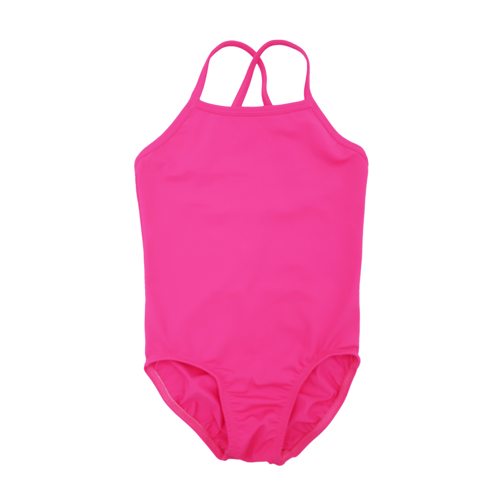 one piece girls swimwear with high front and back, with thin cross over straps in bright pink