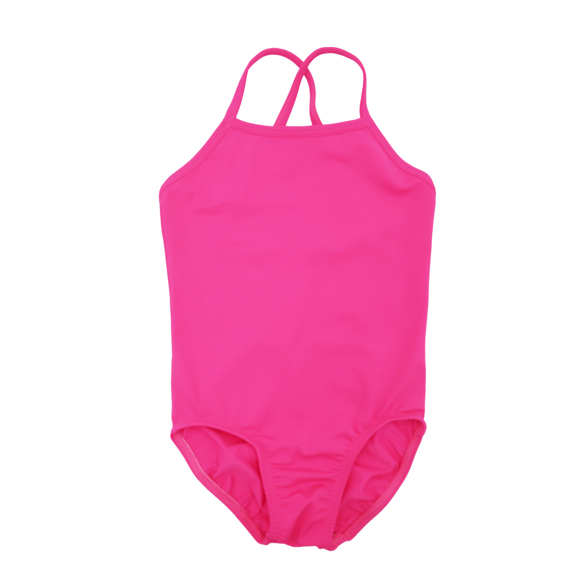 one piece girls swimwear with high front and back, with thin cross over straps in bright pink