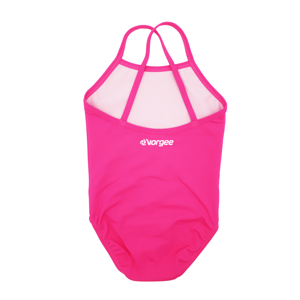 one piece girls swimwear with high front and back, with thin cross over straps in bright pink