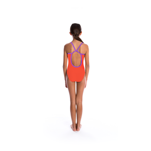 one piece girls swimwear with scoop front, thin straps and racer back in fluro red with lilac trims and logo at chest