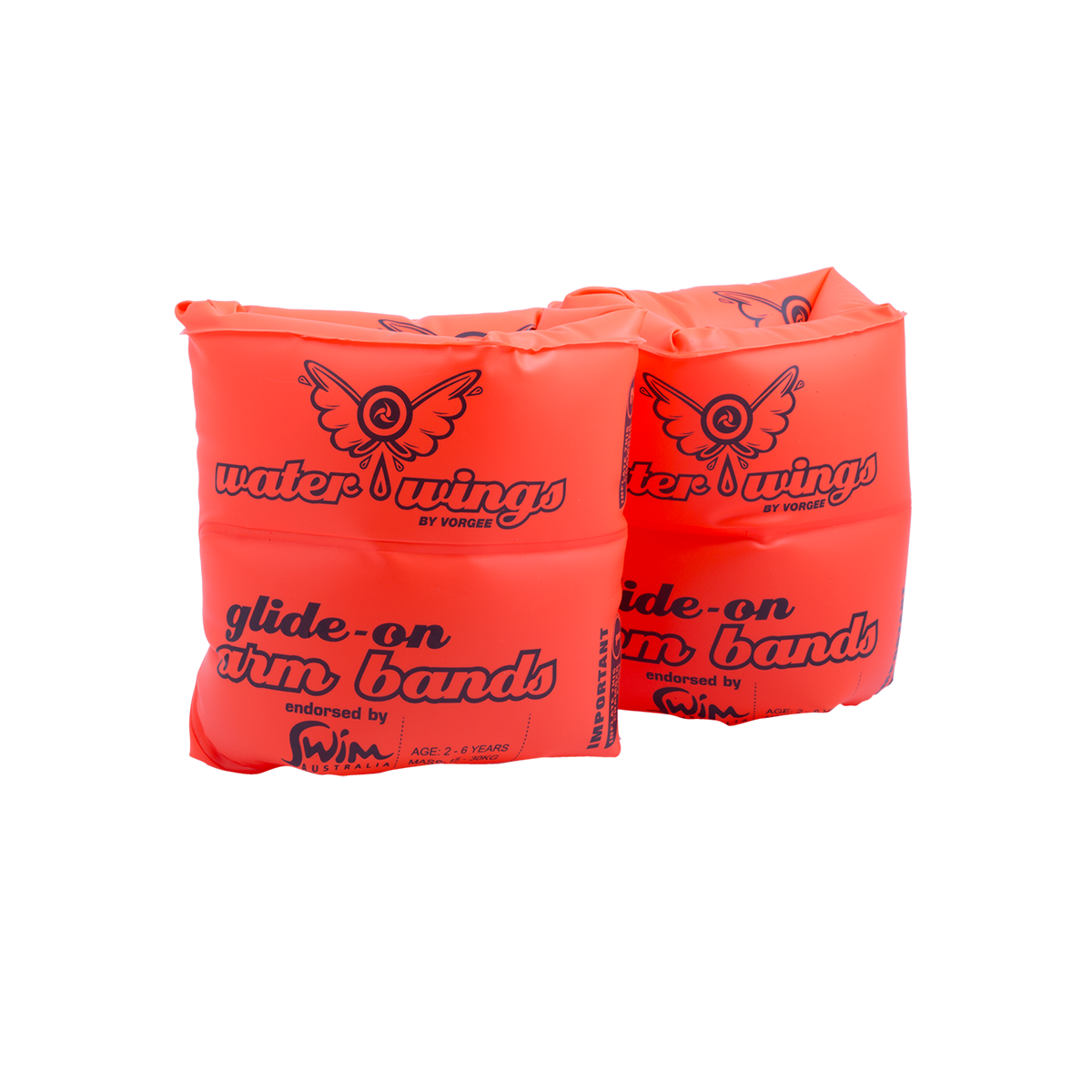 Pair of inflated Glide-On Arm Bands in bright orange with navy text 