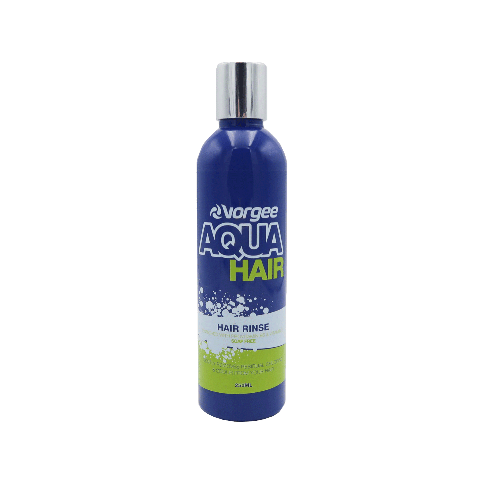 Aqua Hair Rinse in 250ml navy bottle with silver cap, vorgee logo and product name 
