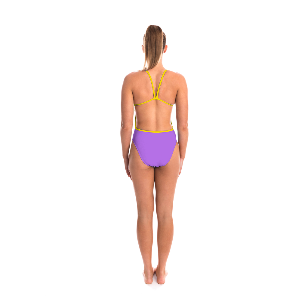 one piece women's swimwear with scoop front, thin straps and low/open back in lilac with yellow trims and logo at chest