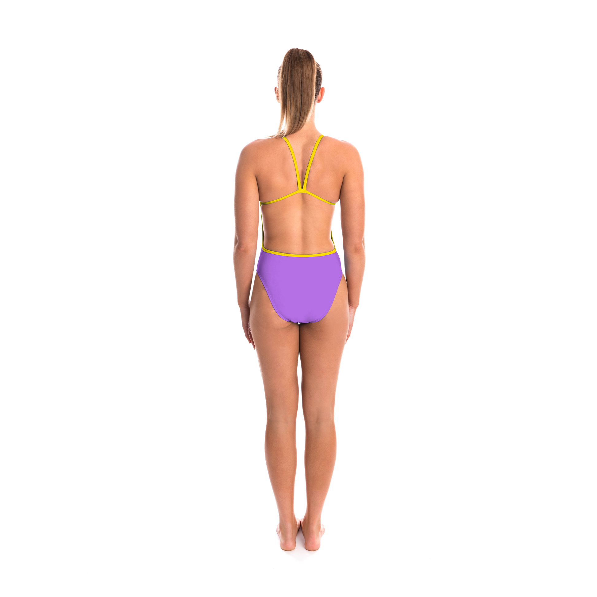 one piece women's swimwear with scoop front, thin straps and low/open back in lilac with yellow trims and logo at chest