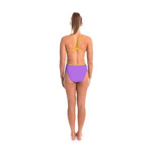 one piece women's swimwear with scoop front, thin straps and low/open back in lilac with yellow trims and logo at chest
