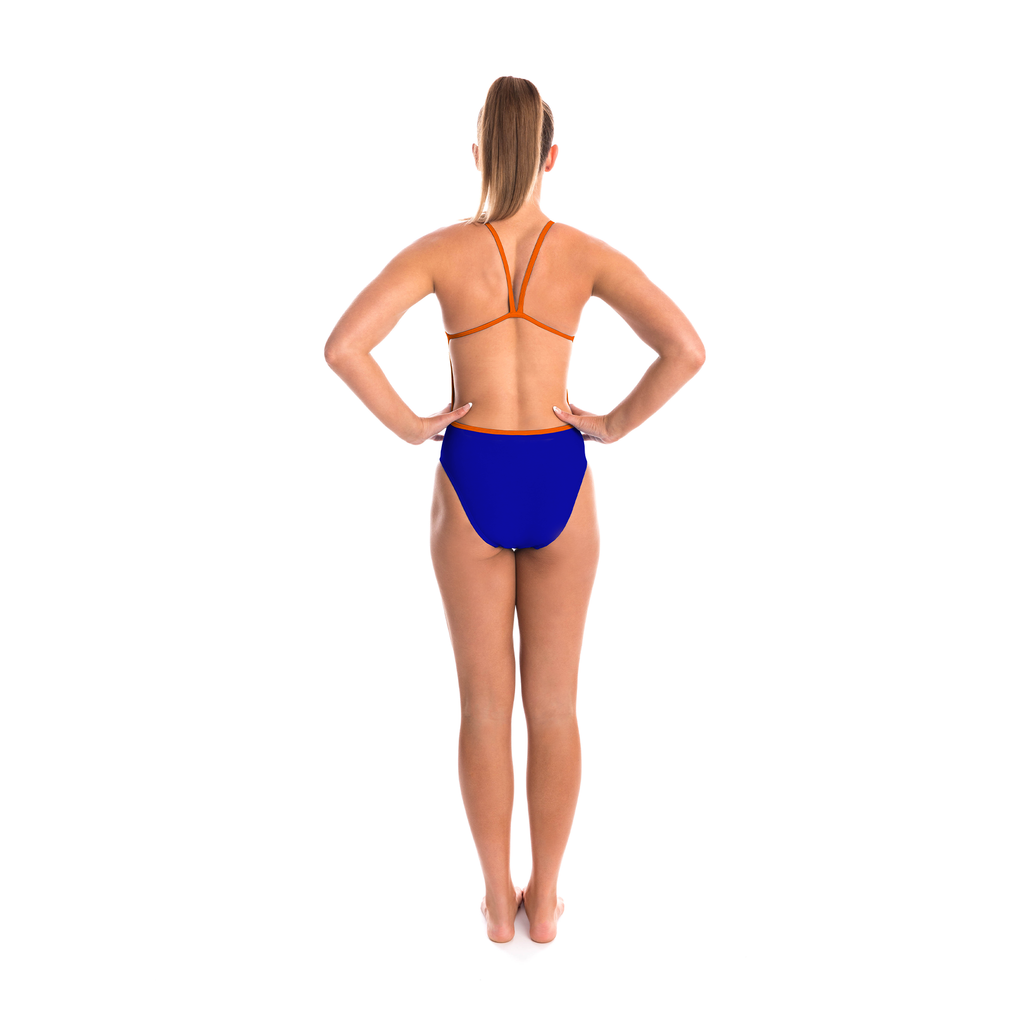 one piece women's swimwear with scoop front, thin straps and low/open back in royal blue with fluro orange trims and logo at chest