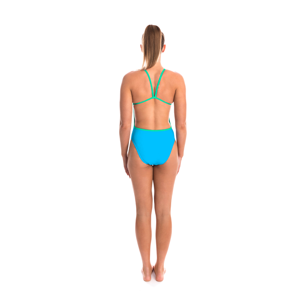 one piece women's swimwear with scoop front, thin straps and low/open back in sky blue with mint green trims and logo at chest