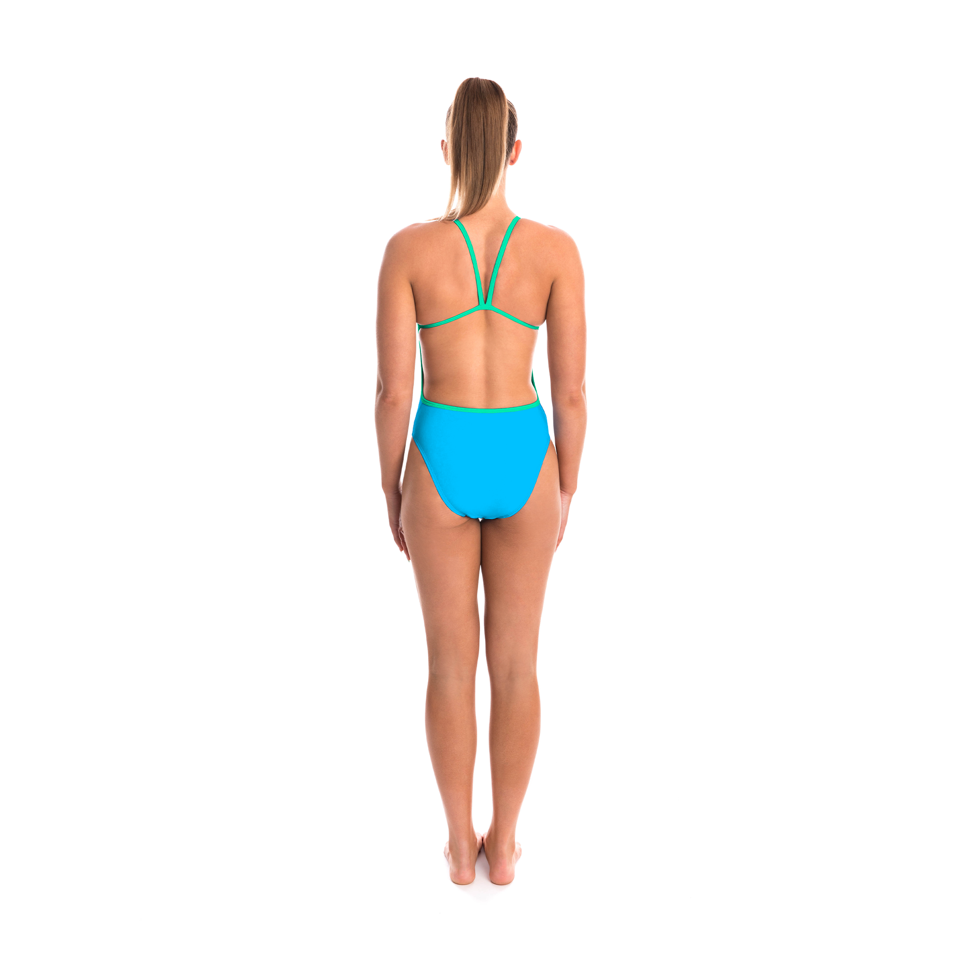 one piece women's swimwear with scoop front, thin straps and low/open back in sky blue with mint green trims and logo at chest