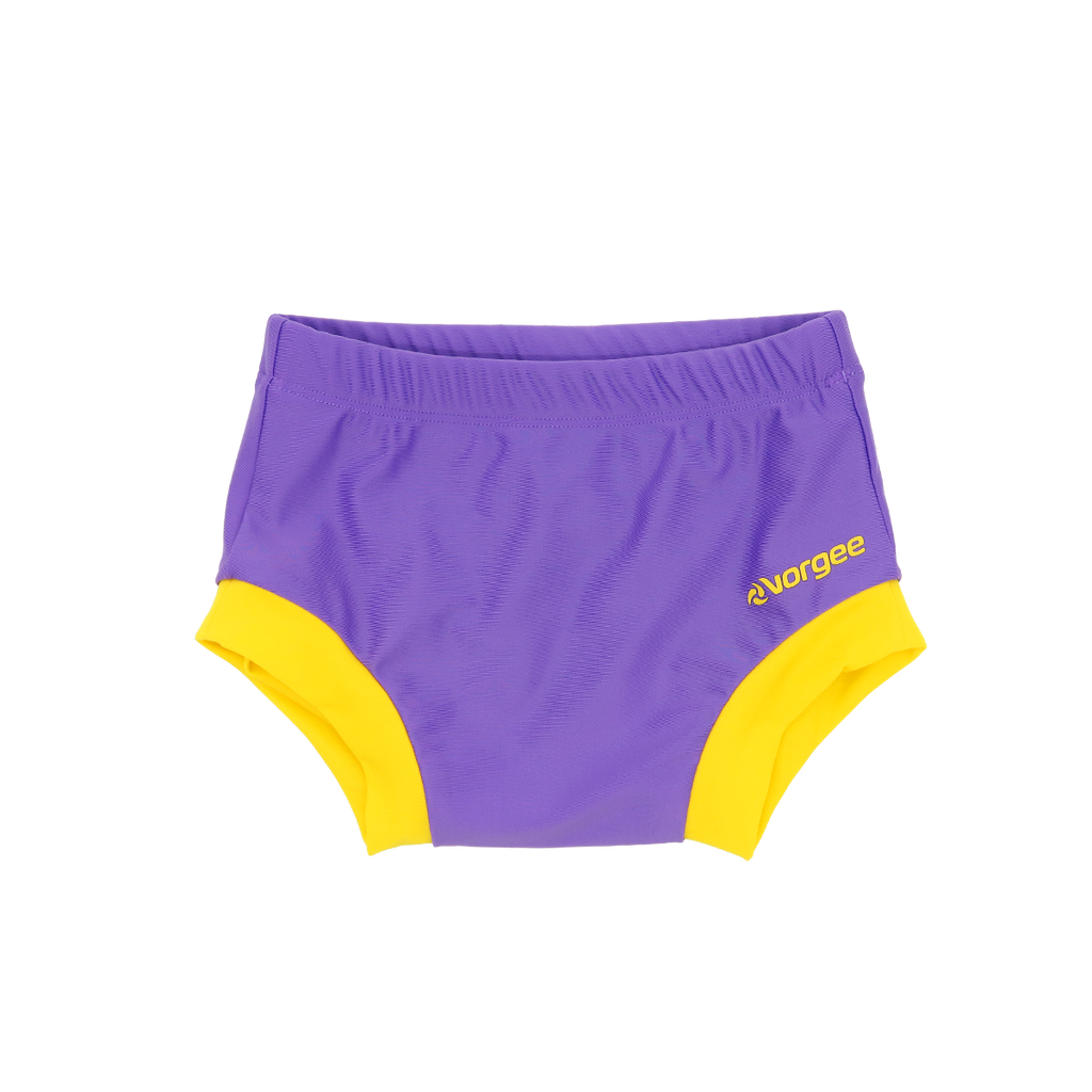 Reusable Fabric Swim Nappy with elasticated waist, lilac main body and yellow trim