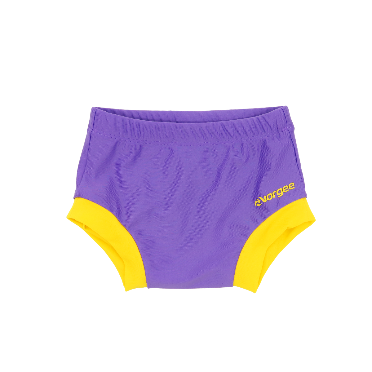 Reusable Fabric Swim Nappy with elasticated waist, lilac main body and yellow trim