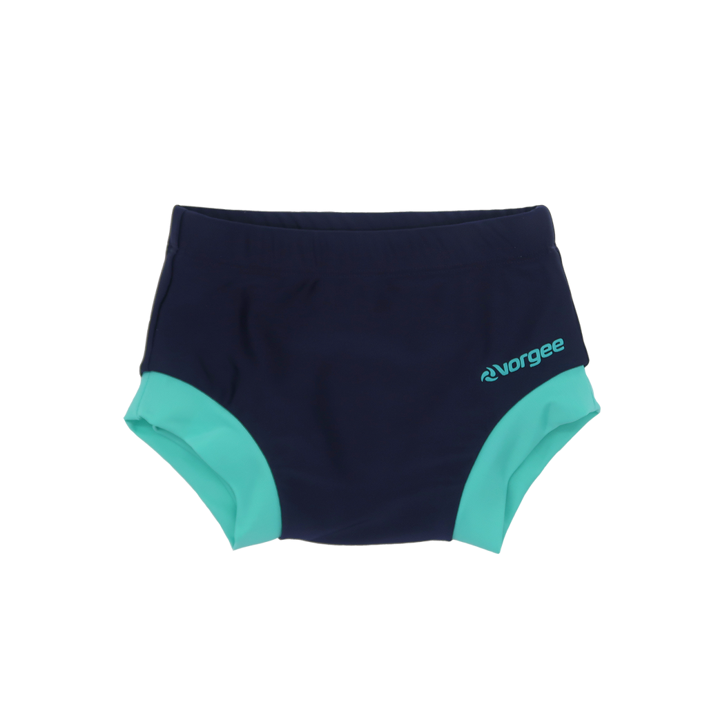 Reusable Fabric Swim Nappy with elasticated waist, navy main body and light blue trim