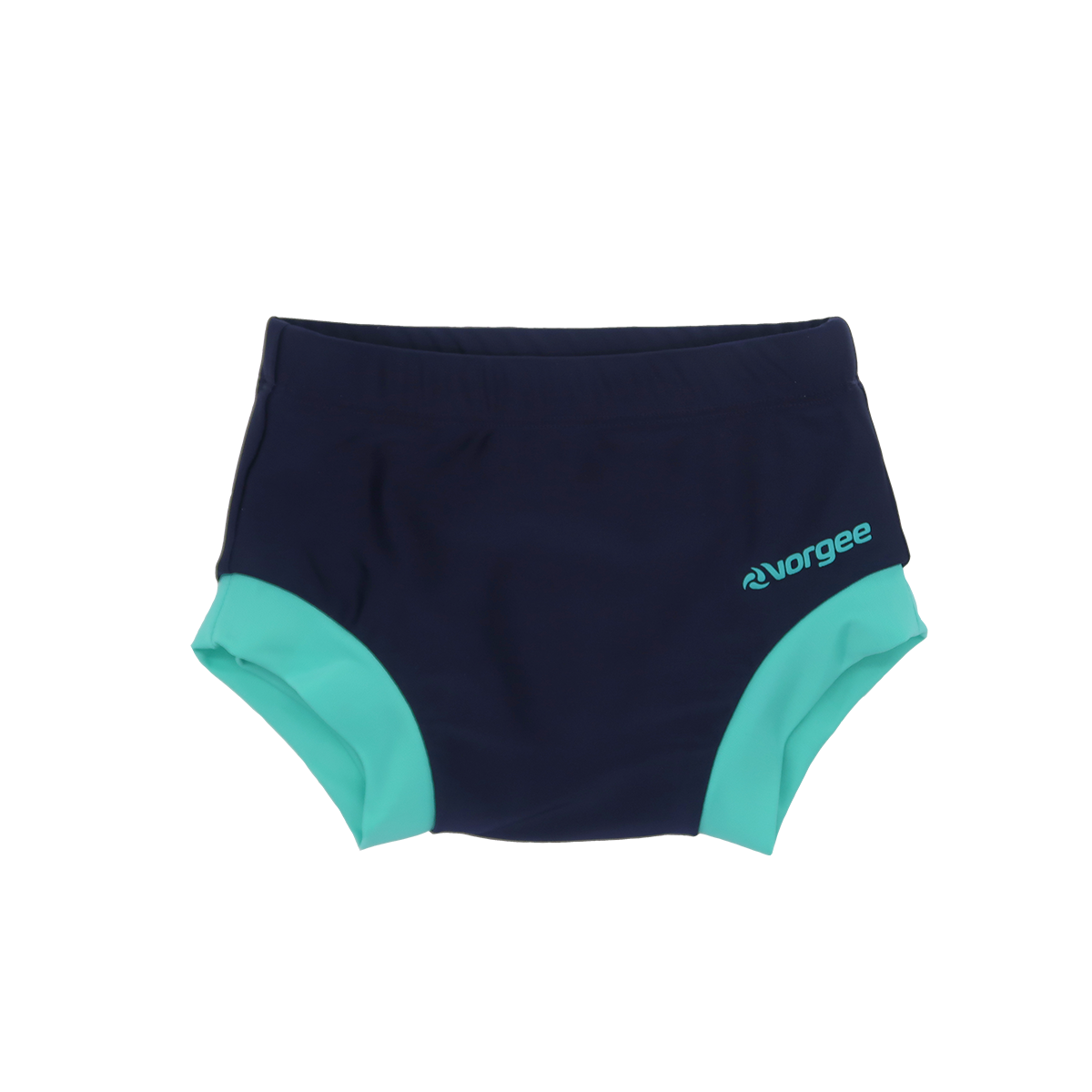 Reusable Fabric Swim Nappy with elasticated waist, navy main body and light blue trim
