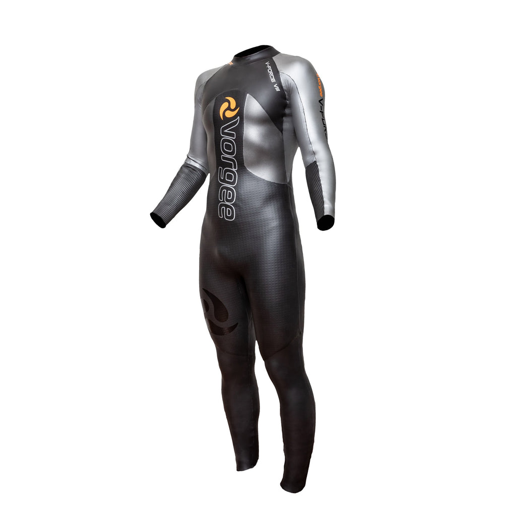 mens full length wetsuit in black, silver and orange 
