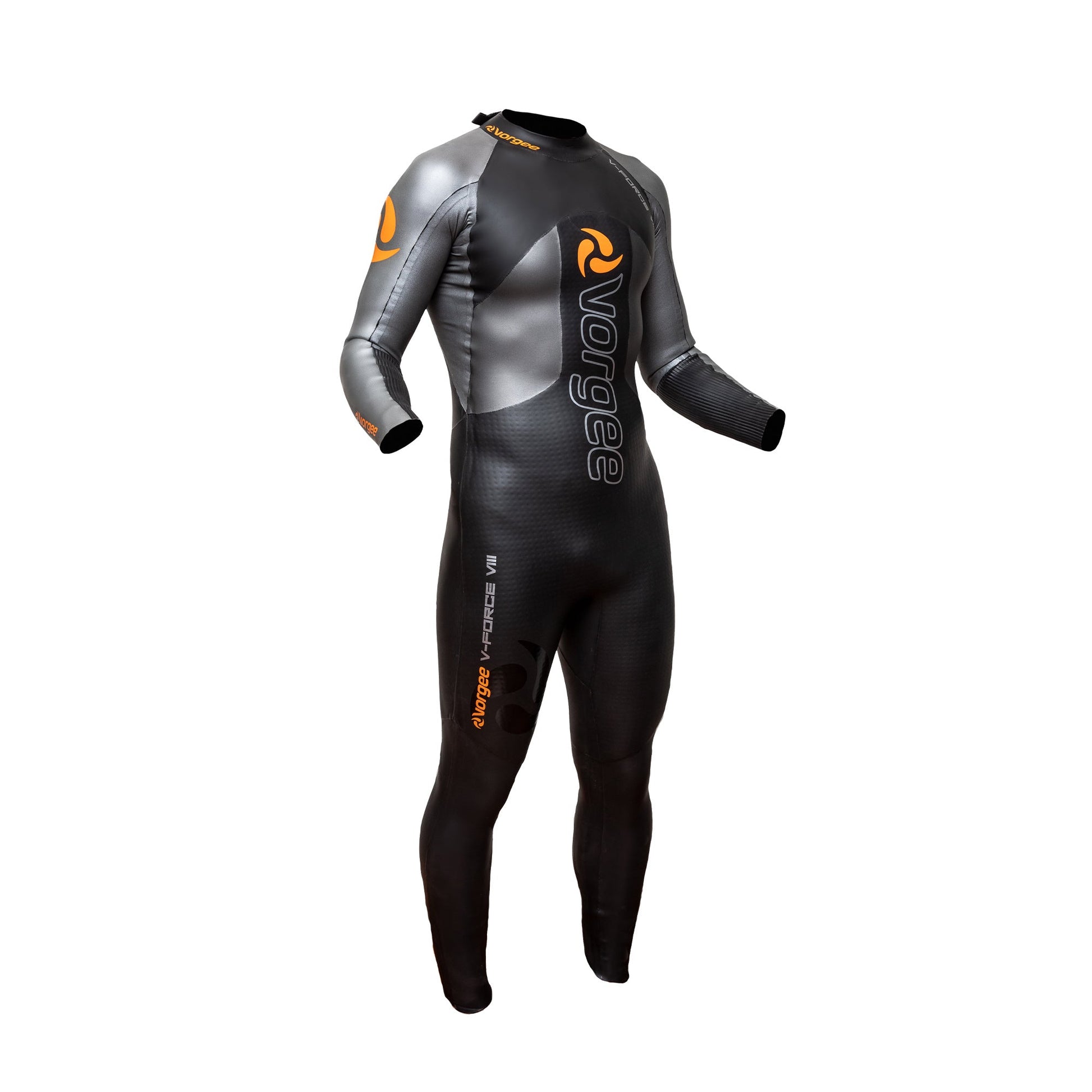 mens full length wetsuit in black, silver and orange 