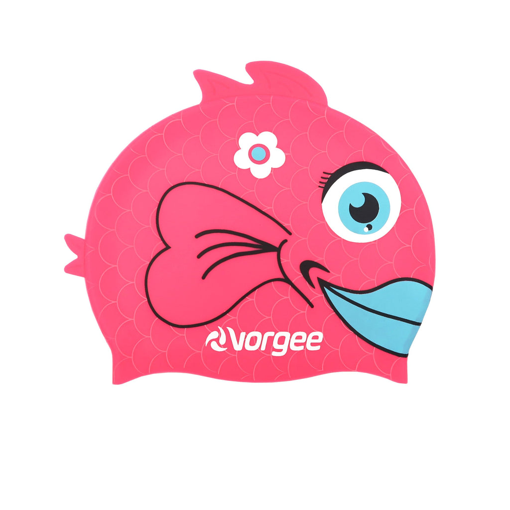 Piranha Miss Fish junior silicone swimming cap with 3D fin and tail in fluro pink