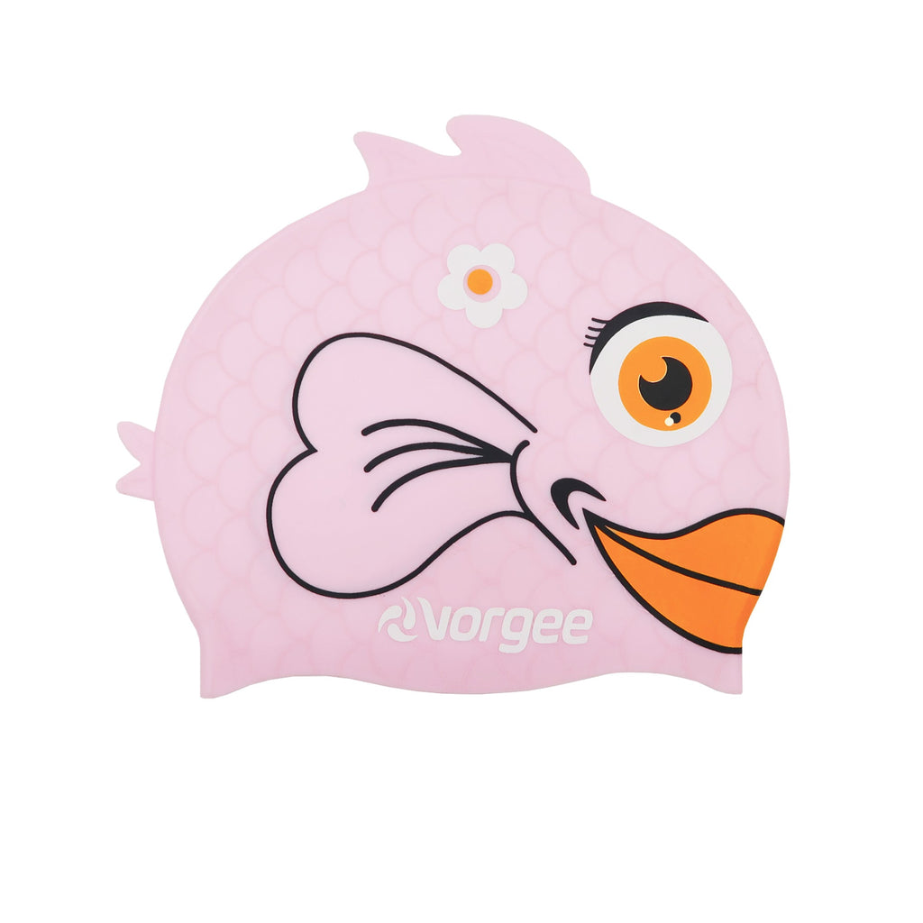 Piranha Miss Fish junior silicone swimming cap with 3D fin and tail in light pink